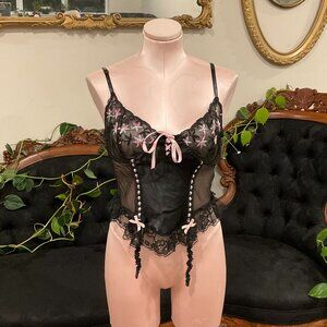 Vintage Lace Corset Bustier Top lingerie Flower Embroidery Size L Black